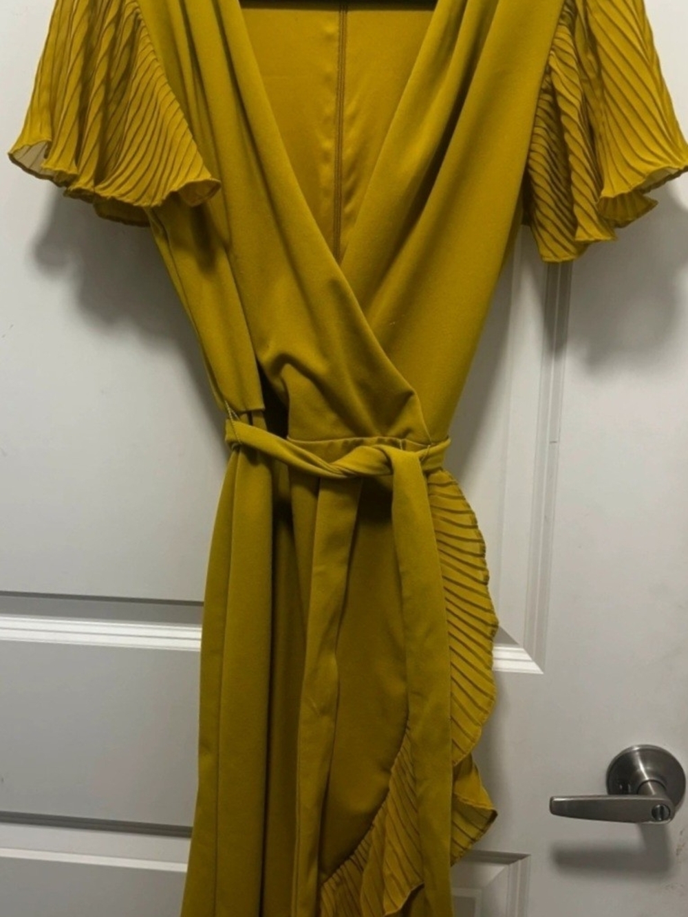 Shelby & Palmer Mustard Wrap Dress with Pleated Ruffle Sleeves